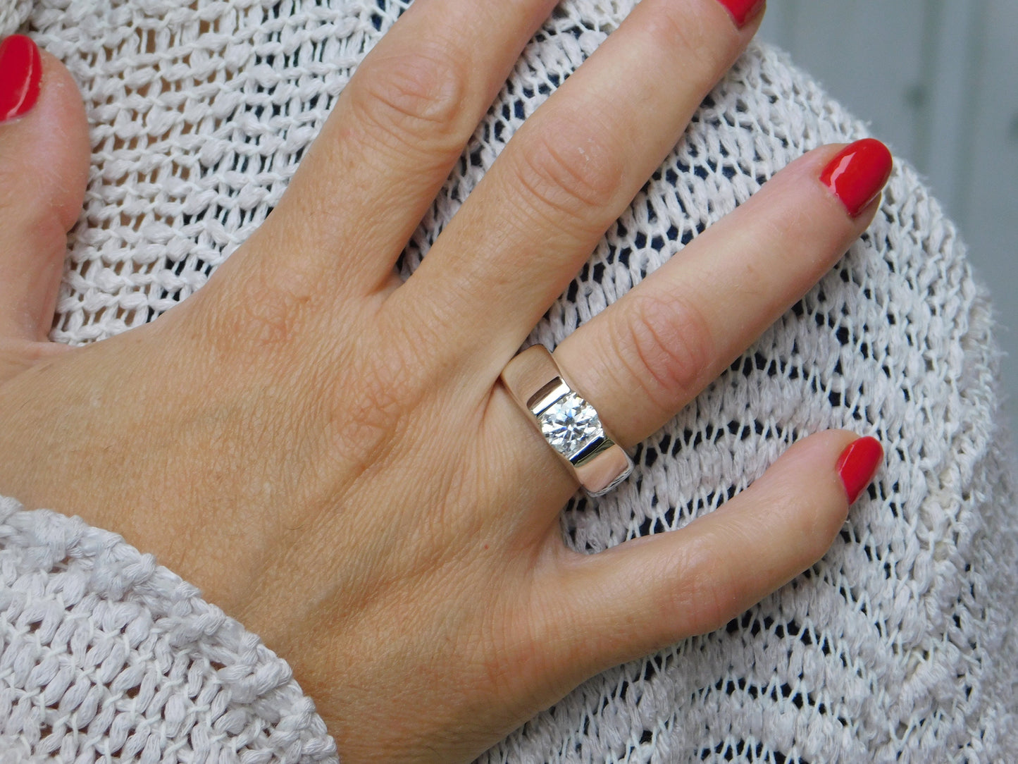 Engagement Ring: Silver AG950 Moissanite Tension Ring by Elisa Kuno, Gold Alternative