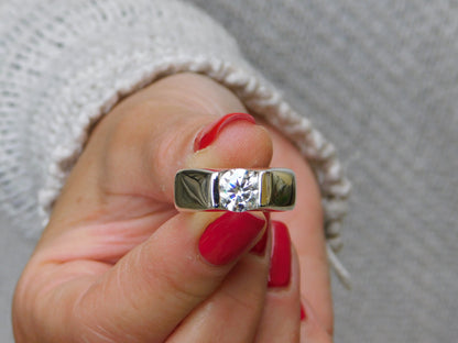 Thick Band Moissanite Engagement Ring: AG950 Sterling Silver Tension Ring