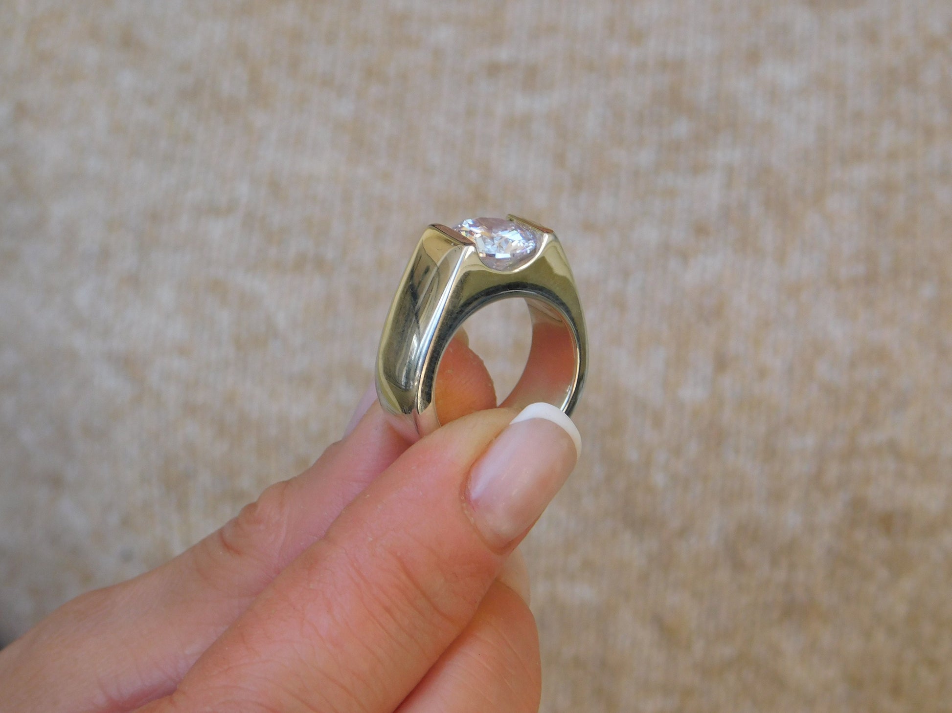 Thick Band Moissanite Engagement Ring: AG950 Sterling Silver Tension Ring