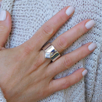 Princess Cut Moissanite Ring, Wide 950 Silver Wedding Band