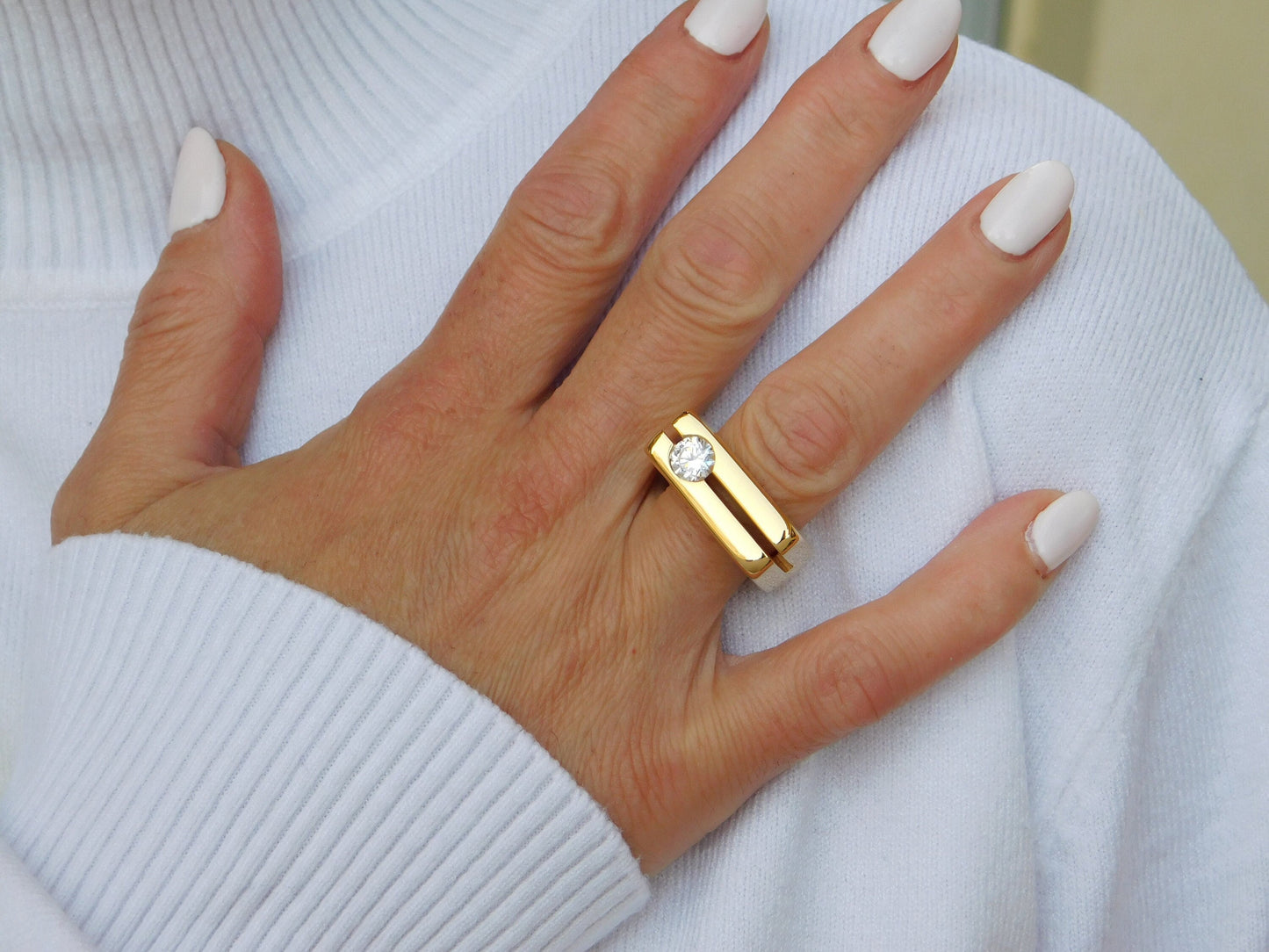Moissanite Gold Engagement Ring: Double Band Statement Jewelry