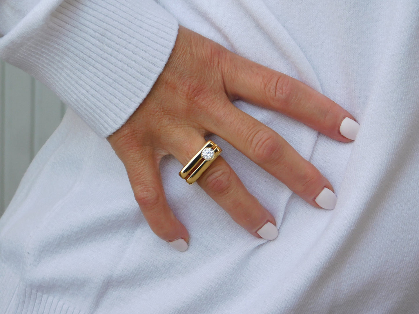 Moissanite Engagement Ring: Split Band Statement Ring, Gold Alternative, Fine Art Jewelry