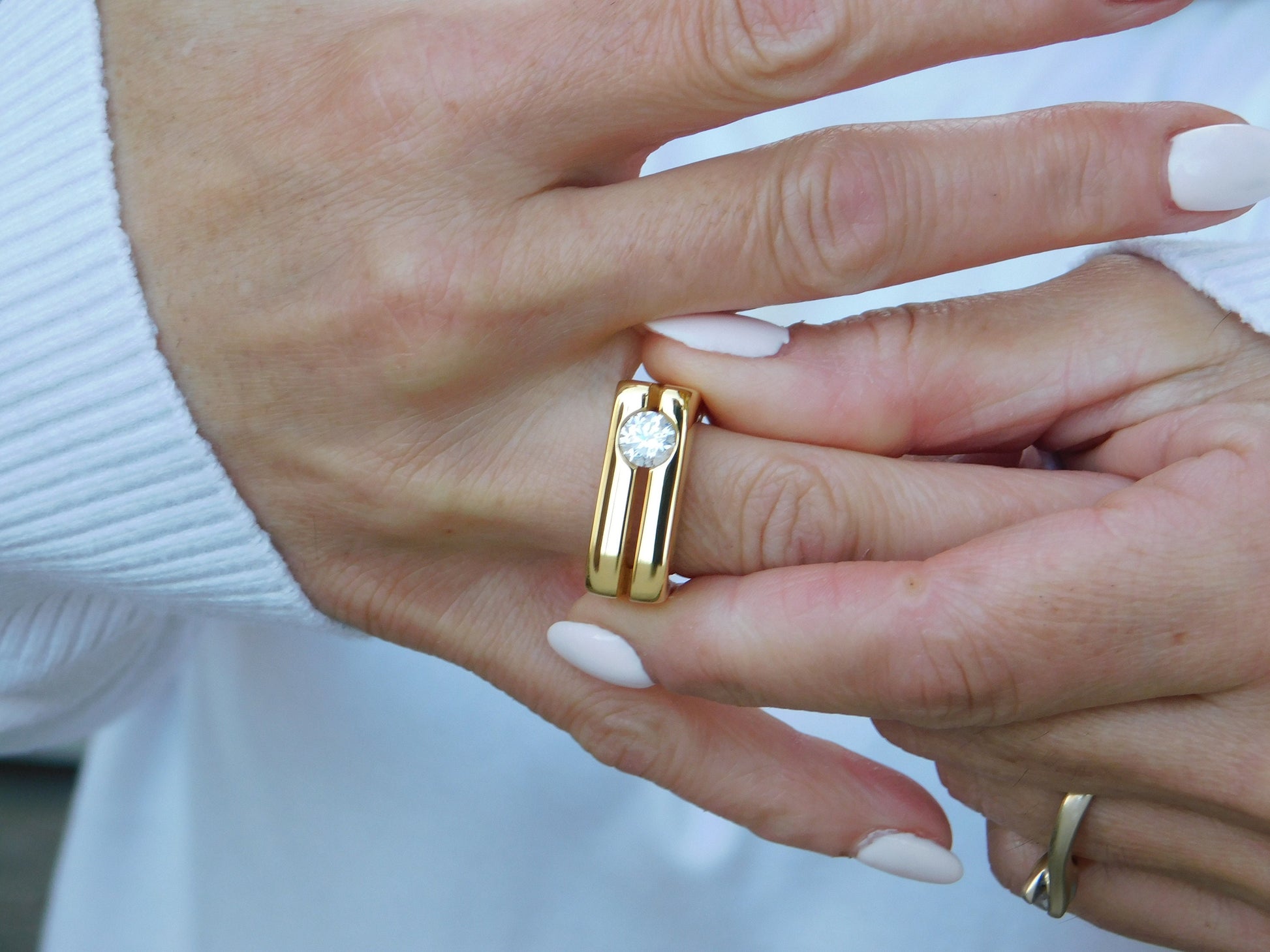 Moissanite Gold Engagement Ring: Double Band Statement Jewelry