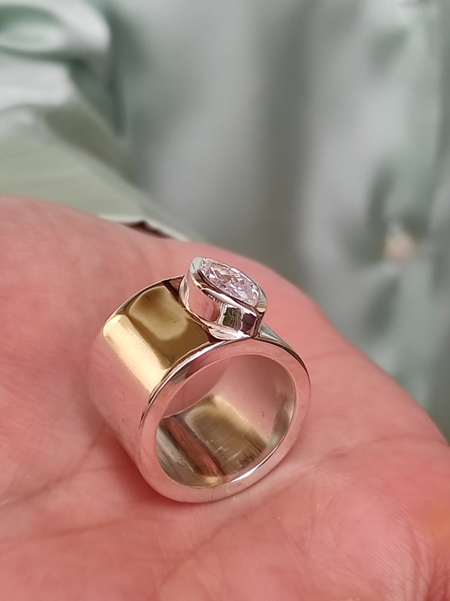 Wide Band Ring: Marquise Cut Moissanite Solitaire, Silver Wedding Band