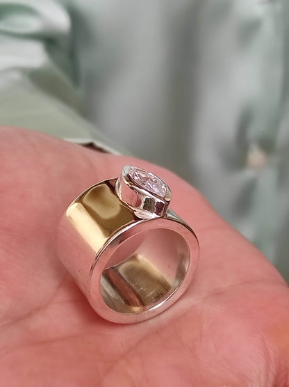 Wide Band Ring: Marquise Cut Moissanite Solitaire, Silver Wedding Band