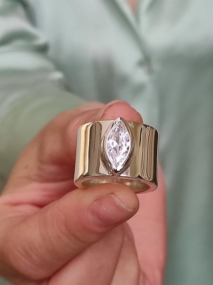 Wide Band Ring: Marquise Cut Moissanite Solitaire, Silver Wedding Band