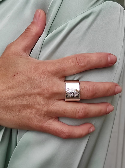 Wide Band Ring: Marquise Cut Moissanite Solitaire, Silver Wedding Band