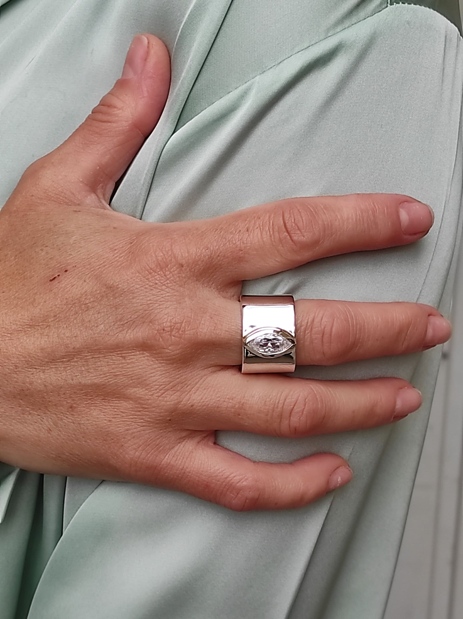 Wide Band Ring: Marquise Cut Moissanite Solitaire, Silver Wedding Band