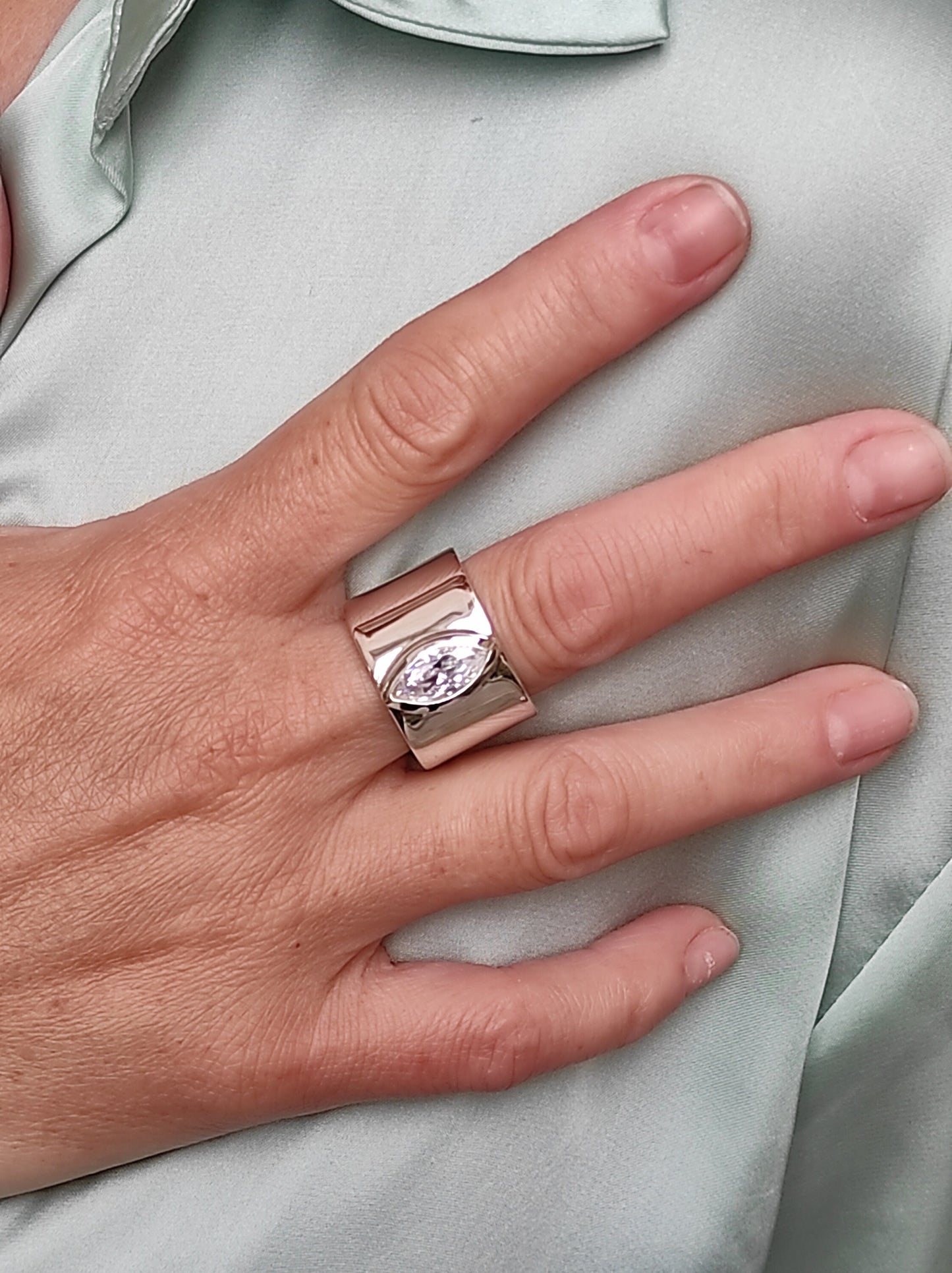 Wide Band Ring: Marquise Cut Moissanite Solitaire, Silver Wedding Band