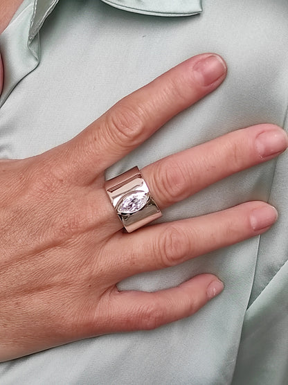 Wide Band Ring: Marquise Cut Moissanite Solitaire, Silver Wedding Band
