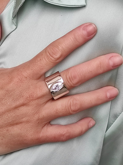 Wide Band Ring: Marquise Cut Moissanite Solitaire, Silver Wedding Band
