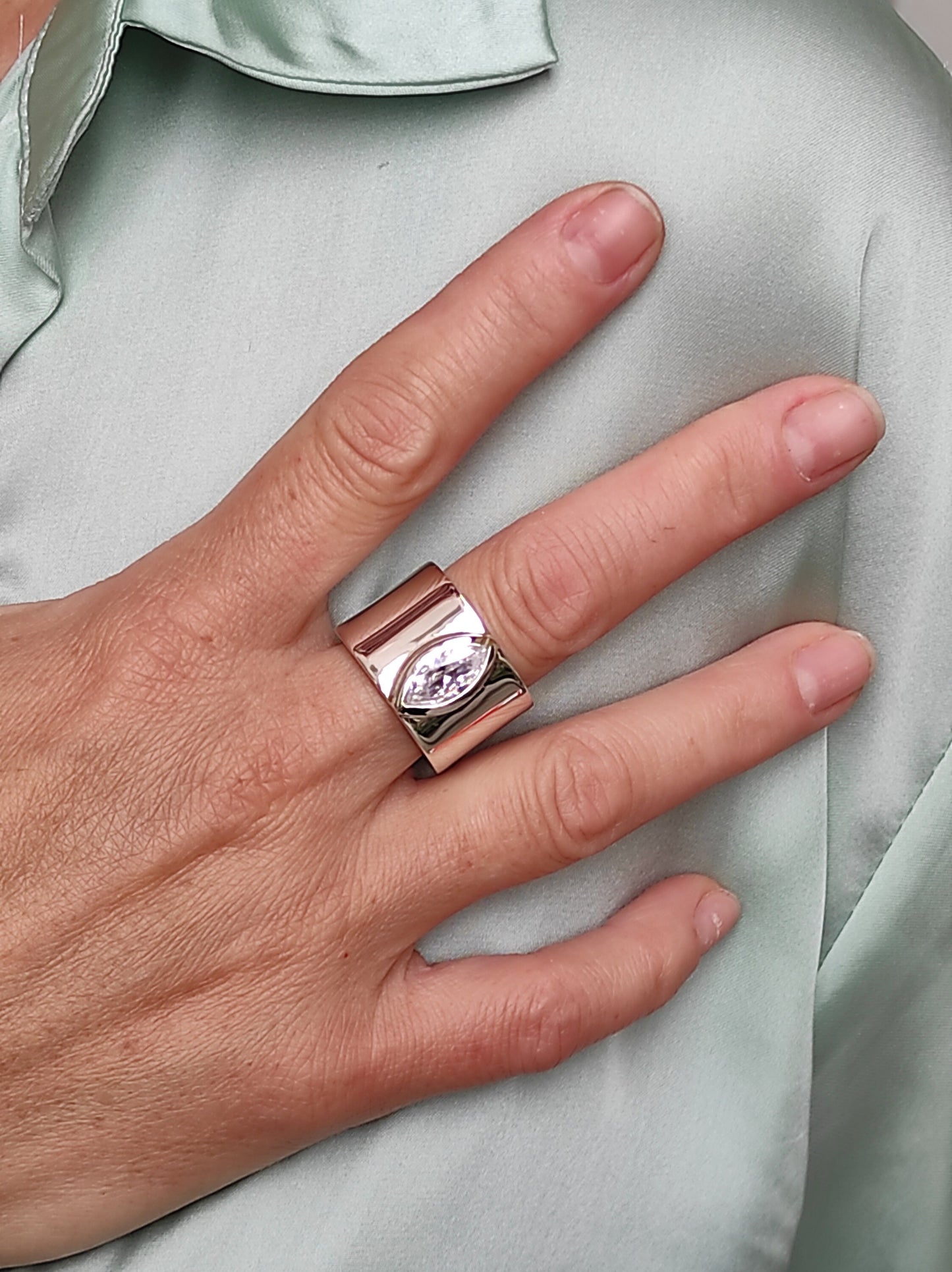 Wide Band Ring: Marquise Cut Moissanite Solitaire, Silver Wedding Band