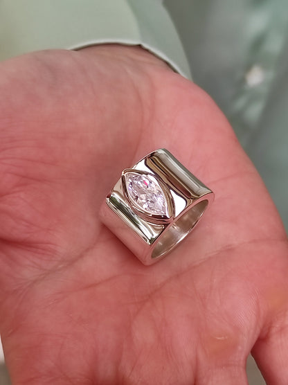Wide Band Ring: Marquise Cut Moissanite Solitaire, Silver Wedding Band