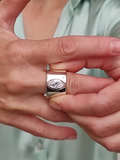 Wide Band Ring: Marquise Cut Moissanite Solitaire, Silver Wedding Band