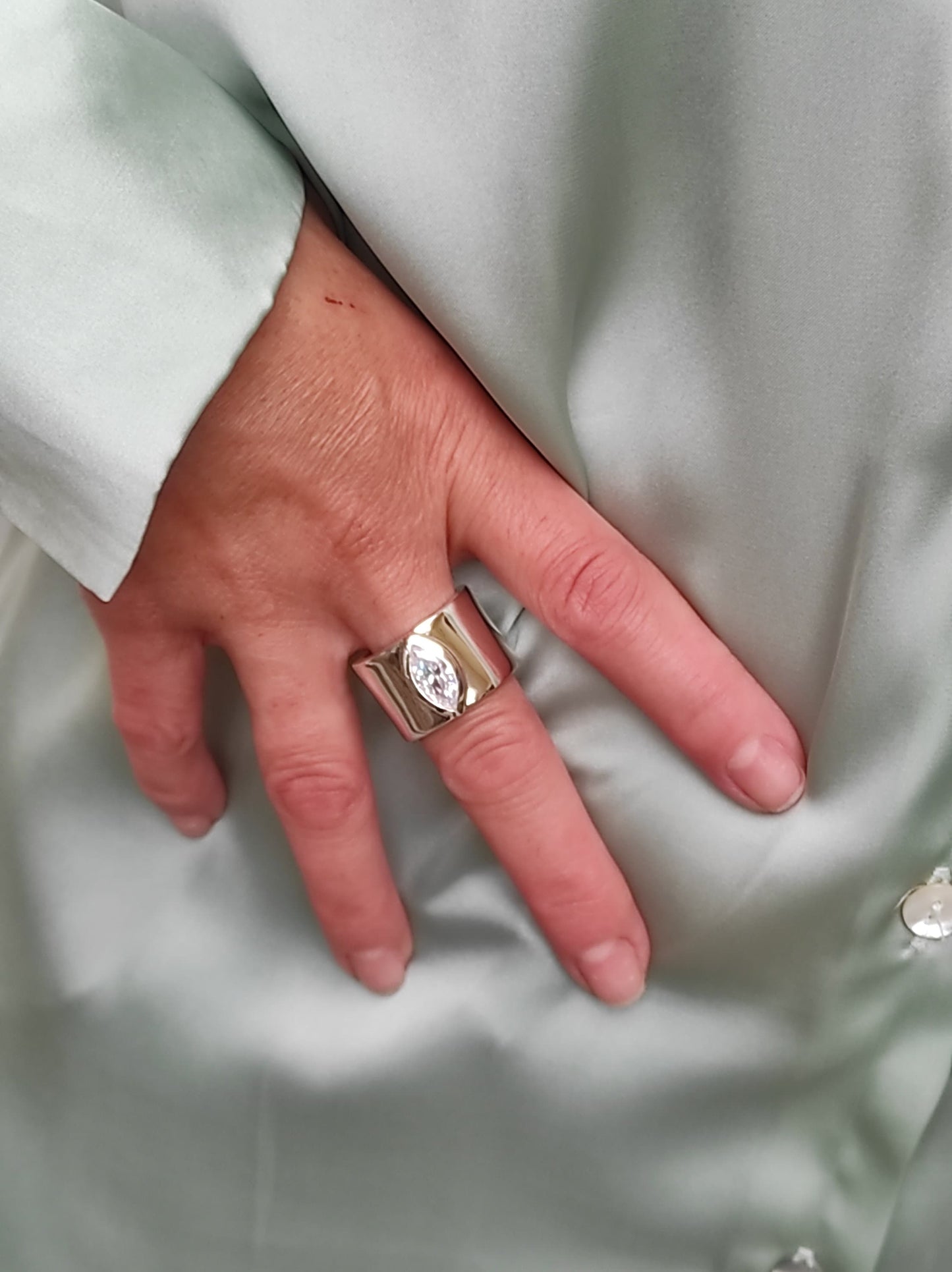 Wide Band Ring: Marquise Cut Moissanite Solitaire, Silver Wedding Band