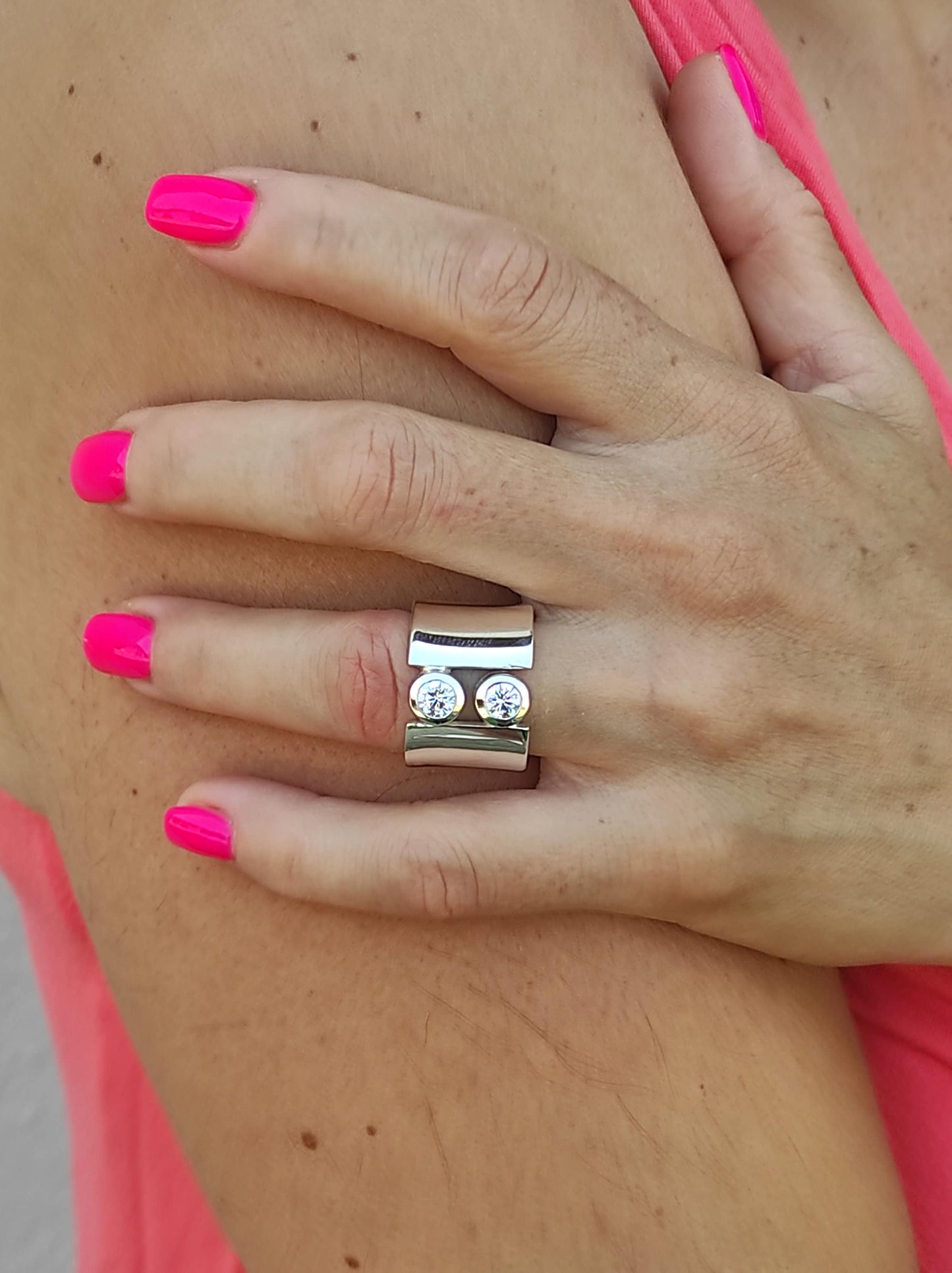 Wide Sterling Silver Moissanite Ring: Statement Wedding Band