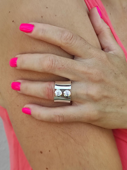 Wide Sterling Silver Moissanite Ring: Statement Wedding Band