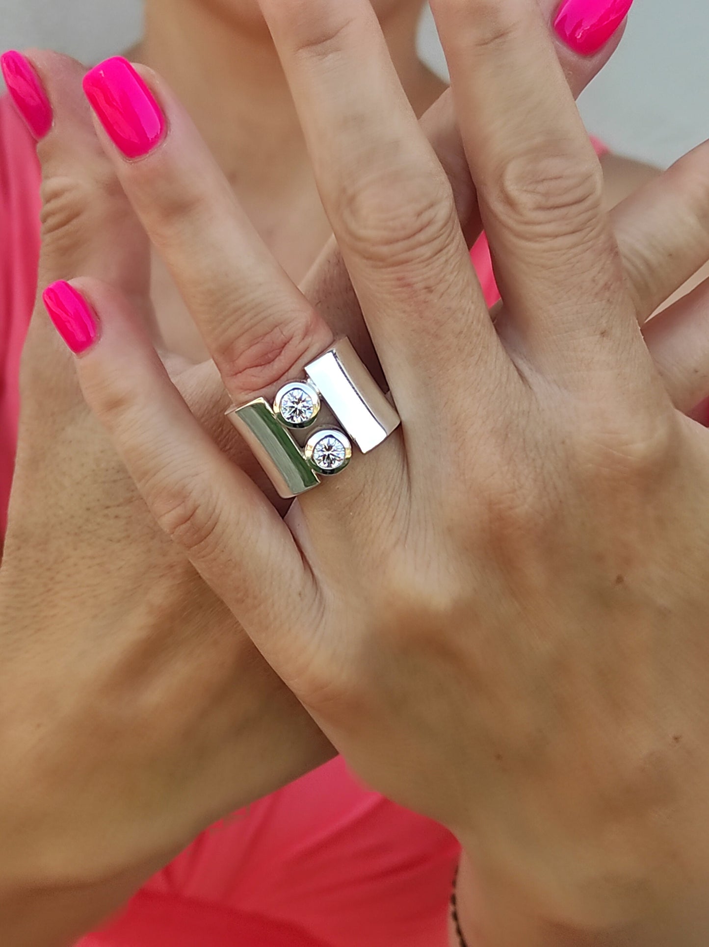 Wide Sterling Silver Moissanite Ring: Statement Wedding Band