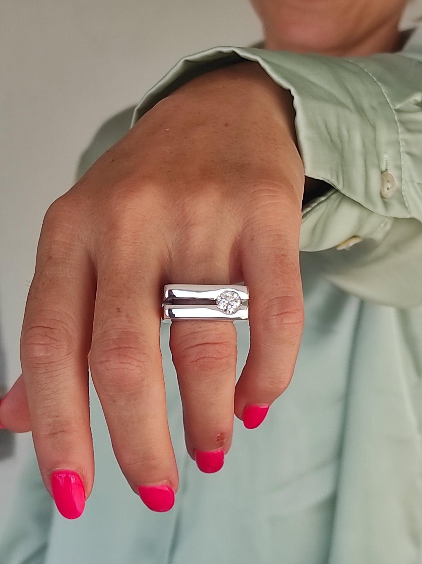 Moissanite Engagement Ring: Split Band Statement Ring, Gold Alternative, Fine Art Jewelry