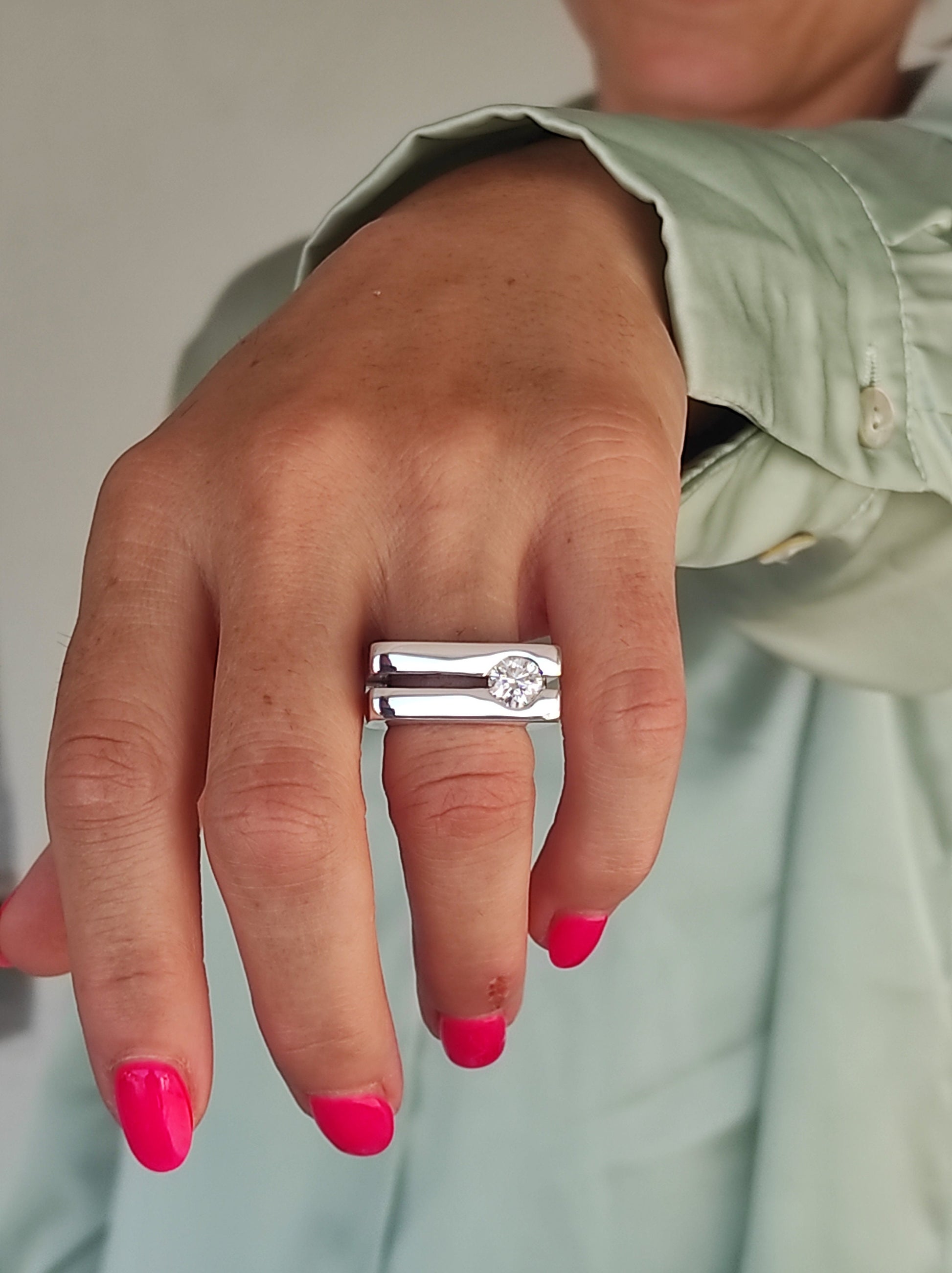 Moissanite Engagement Ring: Split Band Statement Ring, Gold Alternative, Fine Art Jewelry