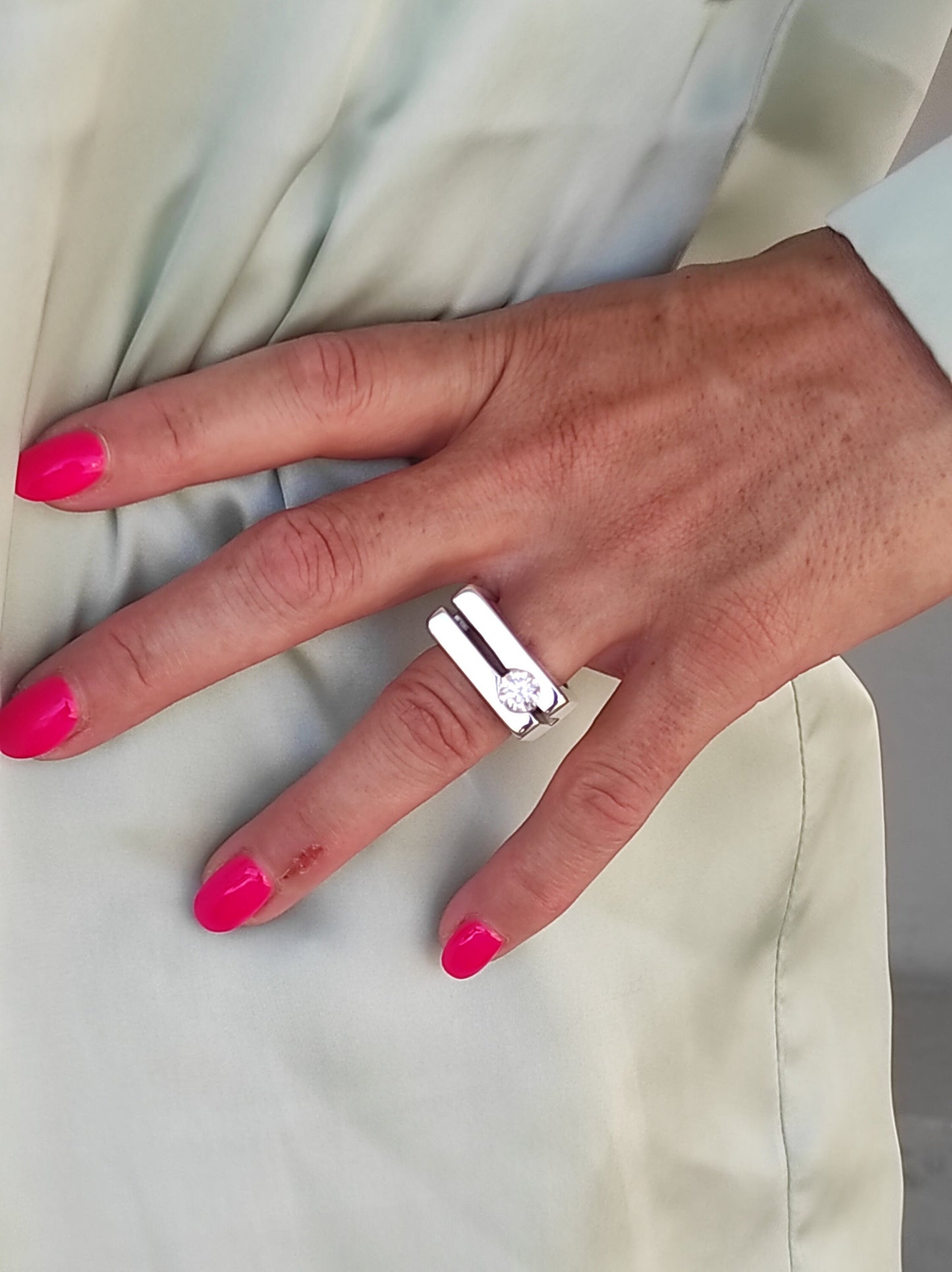 Moissanite Engagement Ring: Split Band Statement Ring, Gold Alternative, Fine Art Jewelry