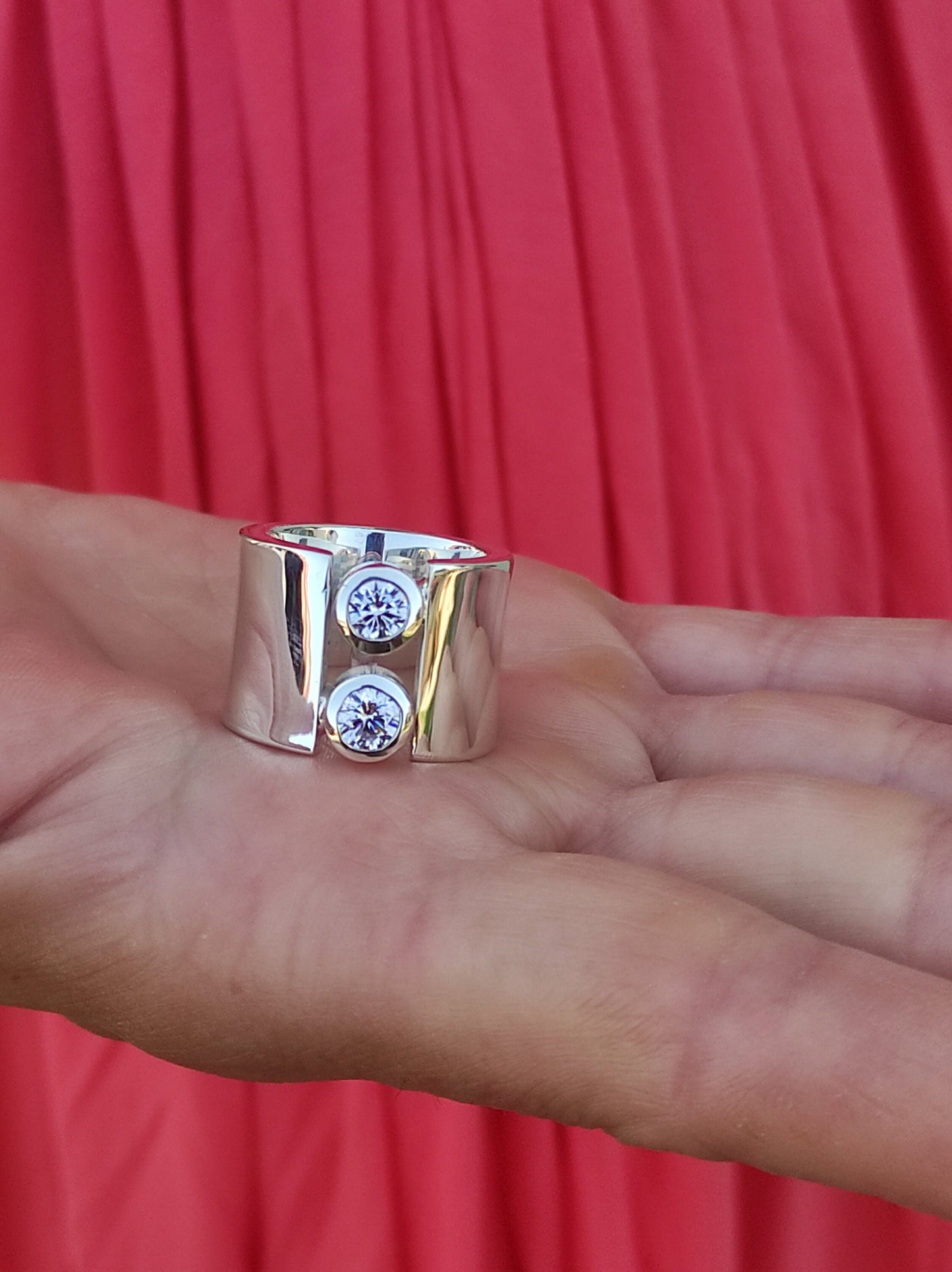 Wide Sterling Silver Moissanite Ring: Statement Wedding Band
