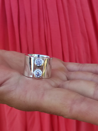 Wide Sterling Silver Moissanite Ring: Statement Wedding Band