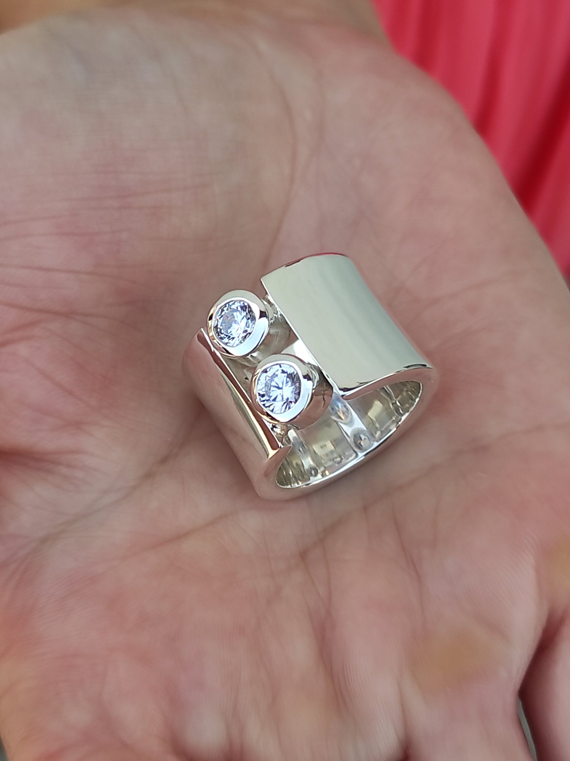 Wide Sterling Silver Moissanite Ring: Statement Wedding Band