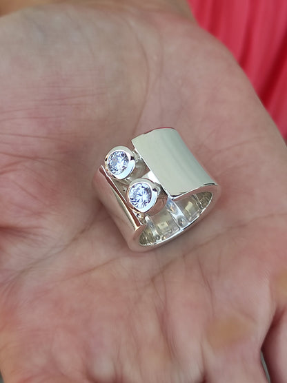 Wide Sterling Silver Moissanite Ring: Statement Wedding Band