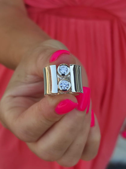 Wide Sterling Silver Moissanite Ring: Statement Wedding Band