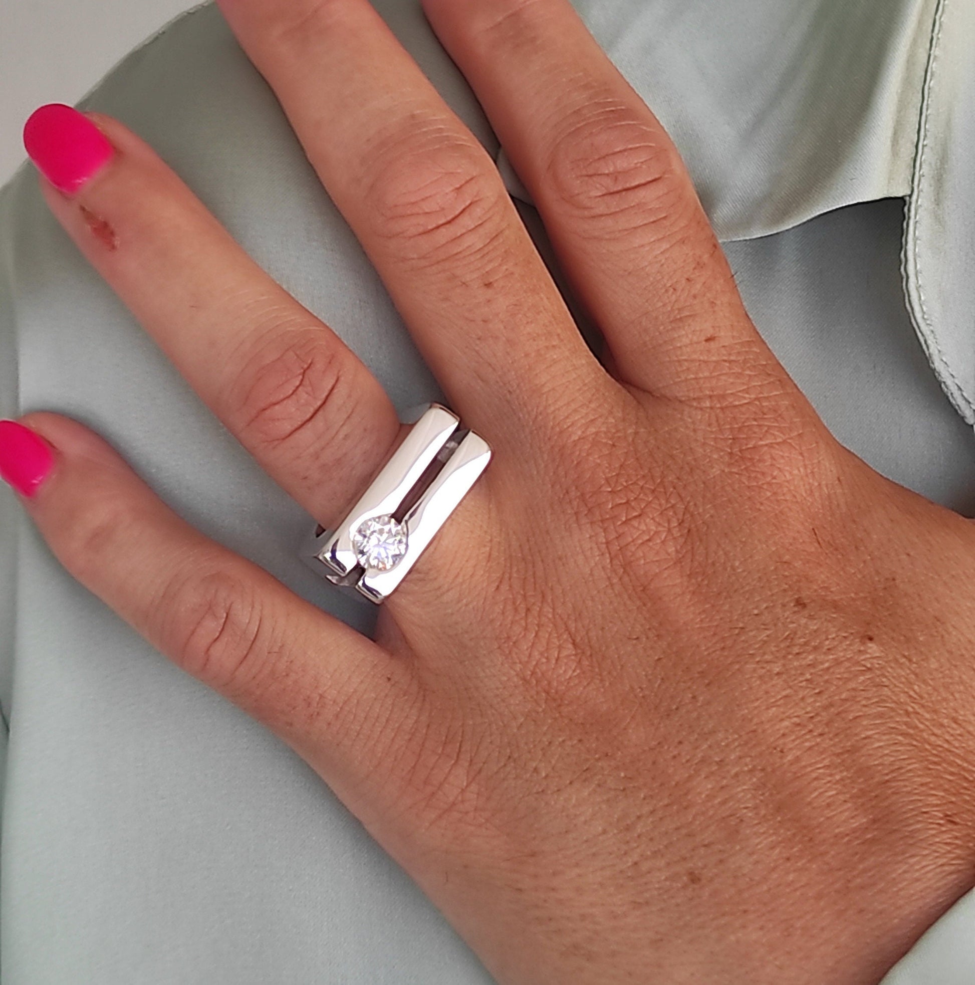 Moissanite Engagement Ring: Split Band Statement Ring, Gold Alternative, Fine Art Jewelry