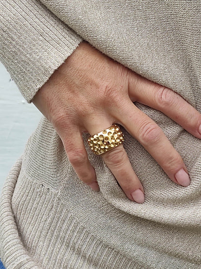 Thick Gold Plated Ring: Wide Brutalist Band, Sculptured Design