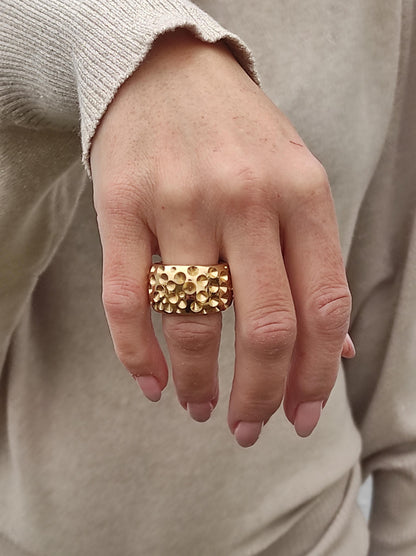 Thick Gold Plated Ring: Wide Brutalist Band, Sculptured Design