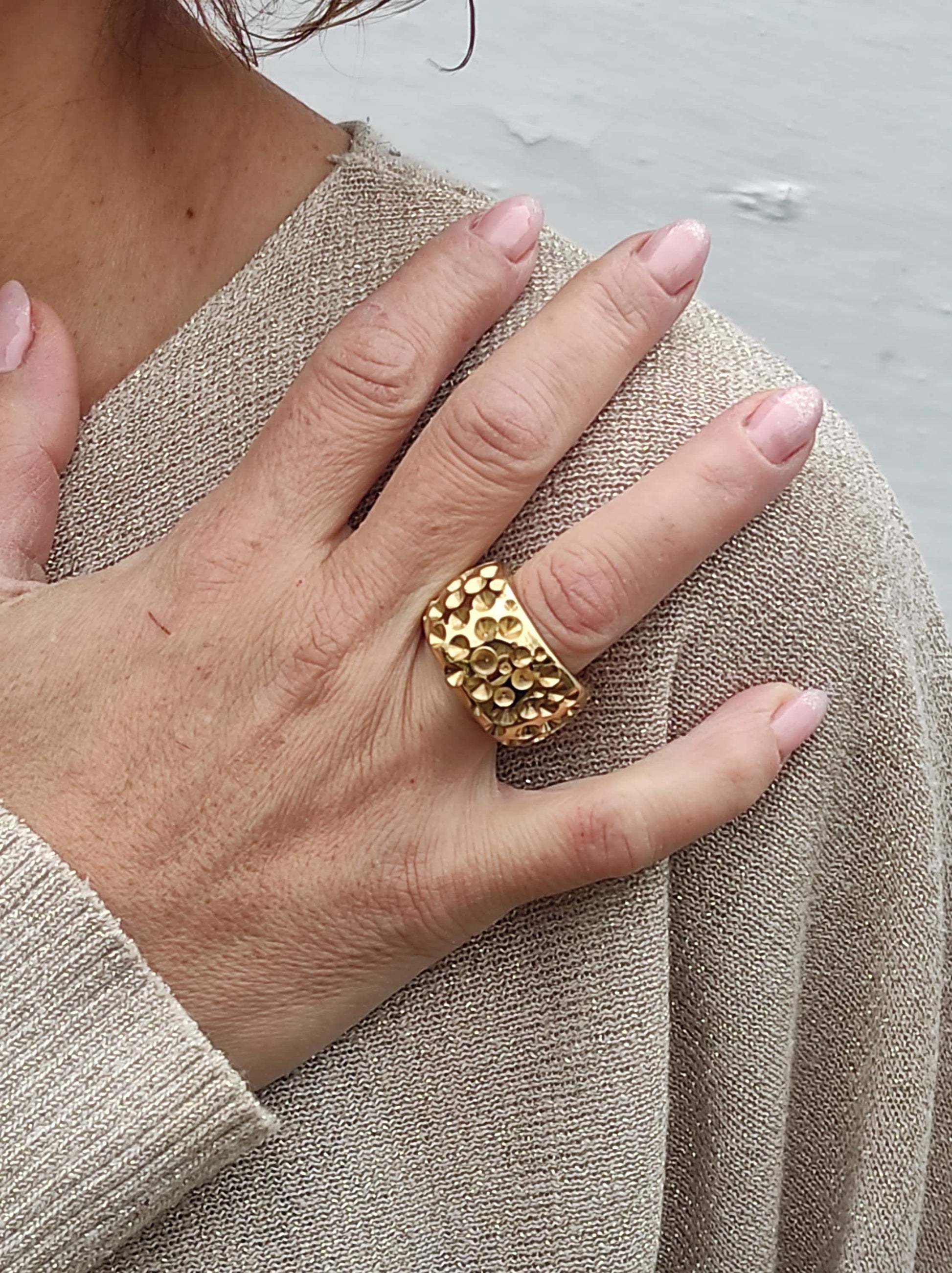 Thick Gold Plated Ring: Wide Brutalist Band, Sculptured Design