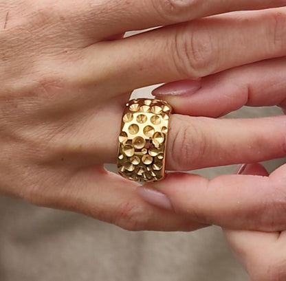 Thick Gold Plated Ring: Wide Brutalist Band, Sculptured Design