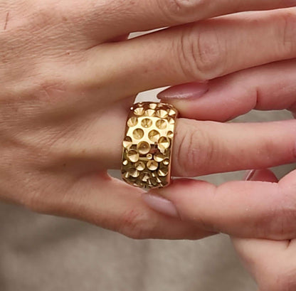 Thick Gold Plated Ring: Wide Brutalist Band, Sculptured Design