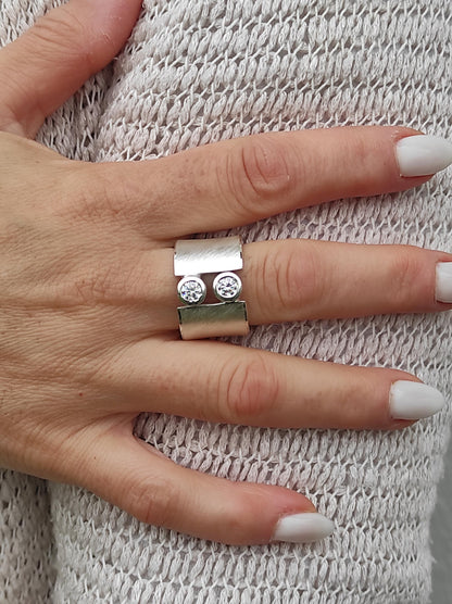 Wide Band Ag950 Silver Ring: Gold Plated Two Stone Statement Ring