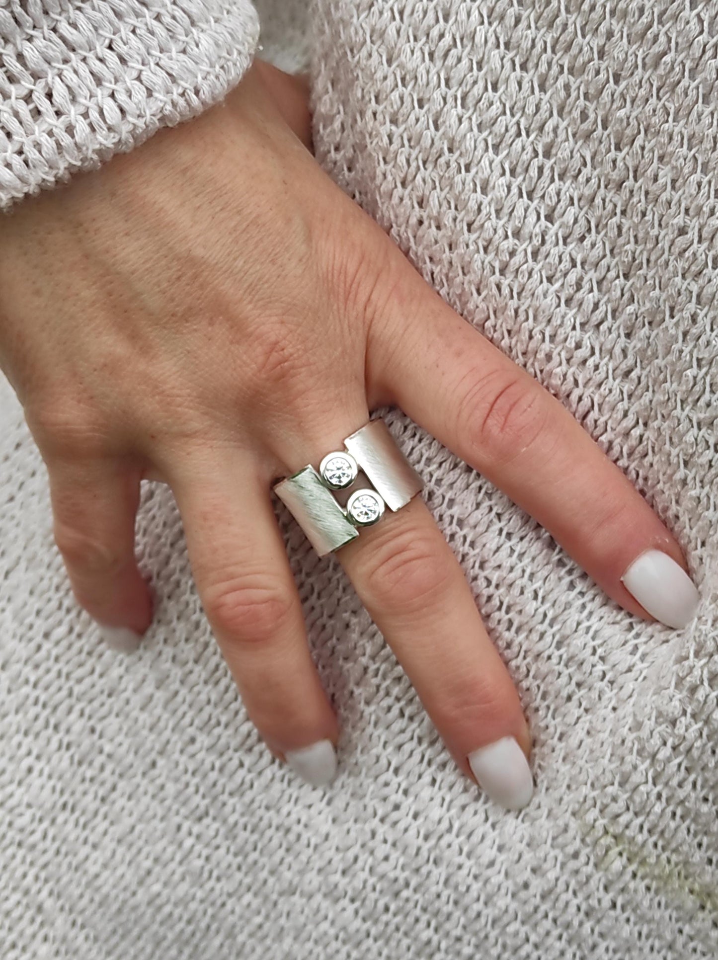 Wide Band Ag950 Silver Ring: Gold Plated Two Stone Statement Ring