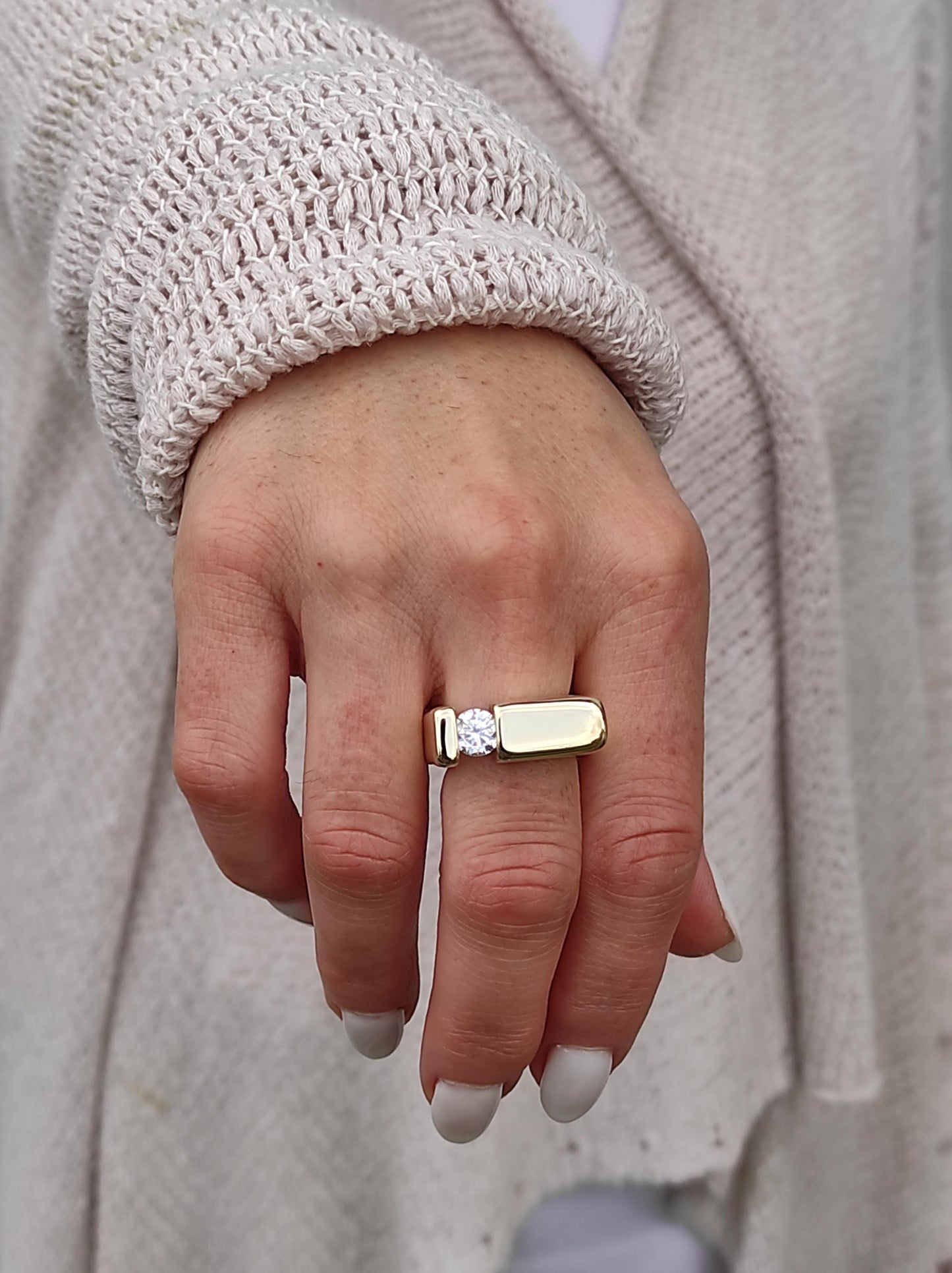 Moissanite Engagement Ring: Tension Set, Square Band, Silver Ag950