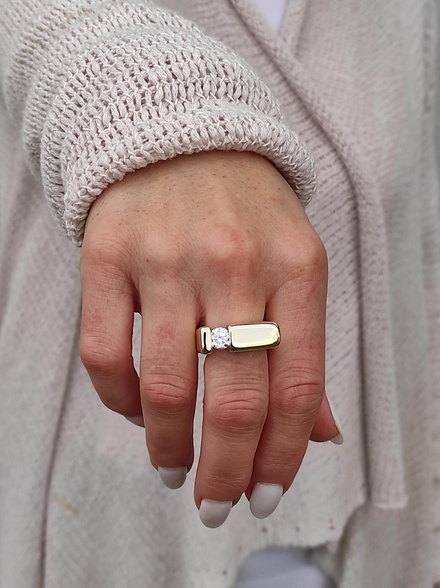 Moissanite Engagement Ring: 1Ct Square Band Tension Set, Gold Tone, Gold alternative