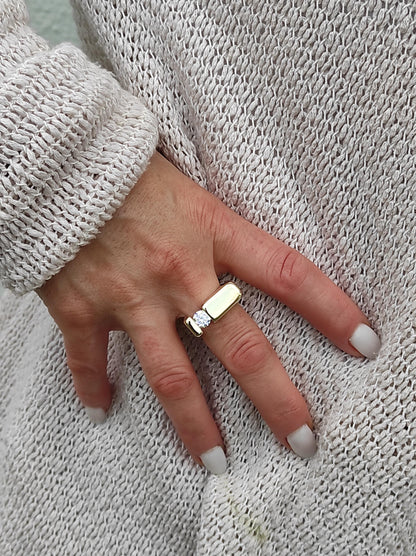 Moissanite Engagement Ring: Tension Set, Square Band, Silver Ag950
