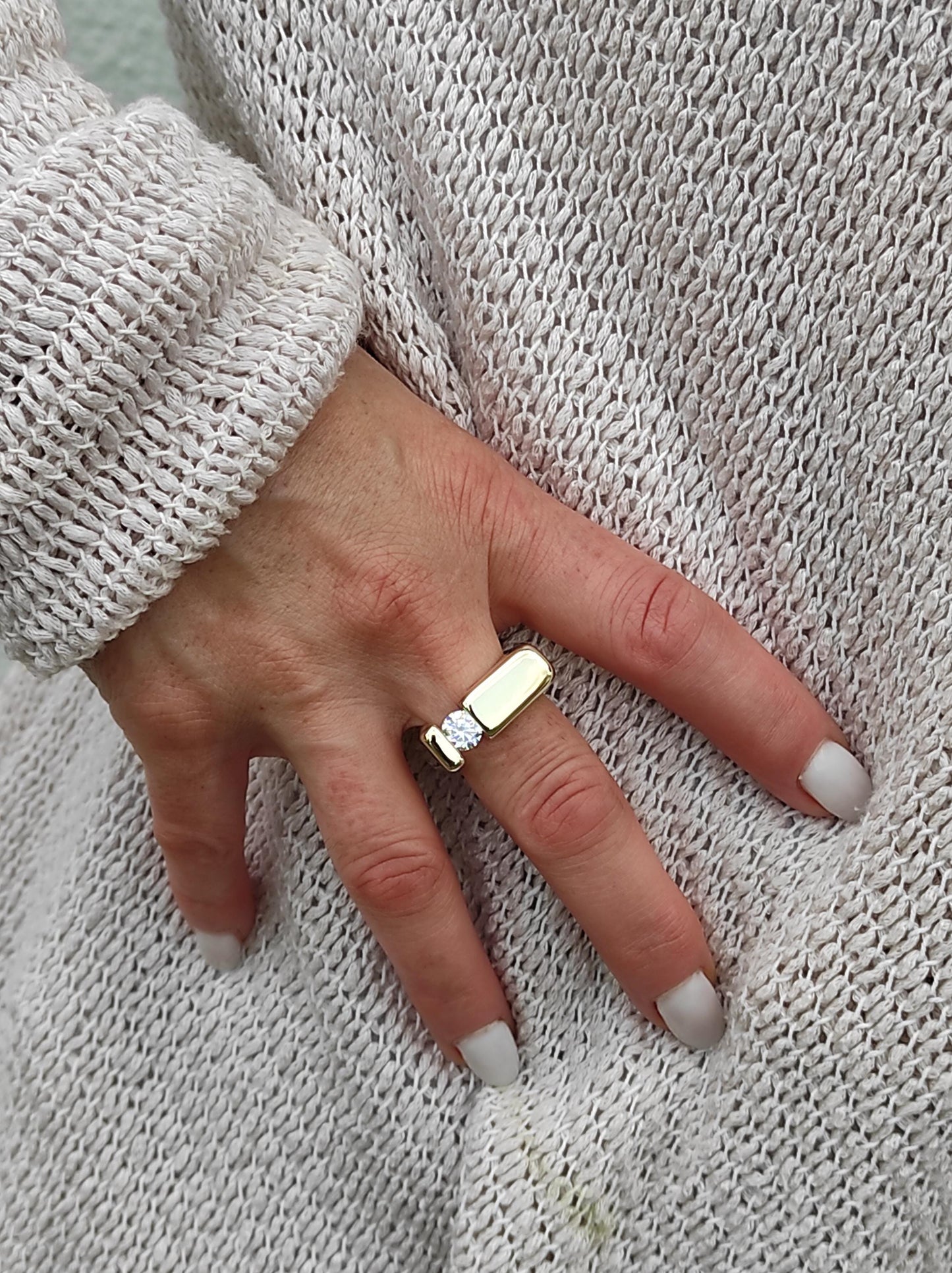 Moissanite Engagement Ring: 1Ct Square Band Tension Set, Gold Tone, Gold alternative