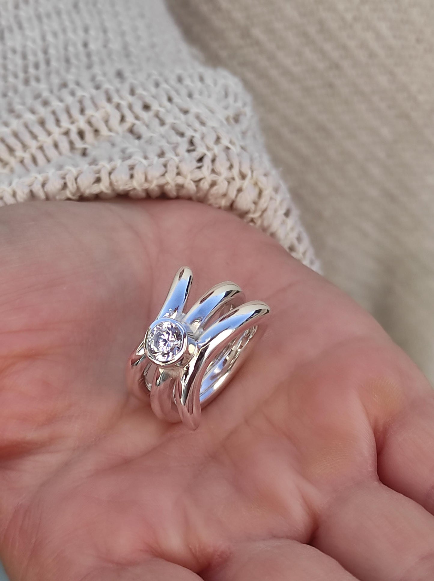 Proposal Ring: Engagement Ring Silver, Asymmetric multiple band Solitaire