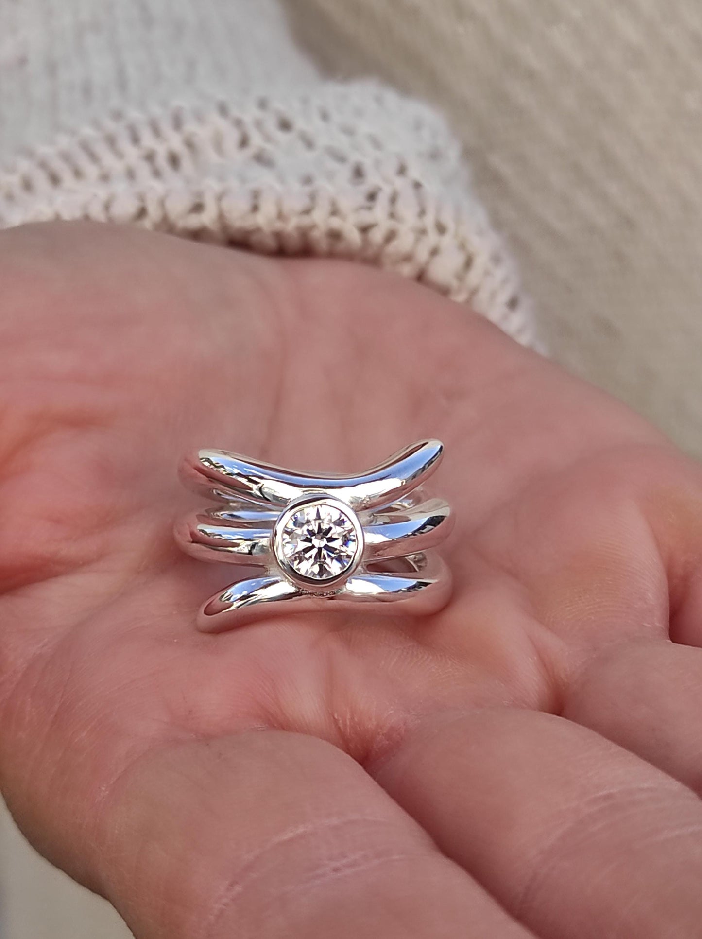 Proposal Ring: Engagement Ring Silver, Asymmetric multiple band Solitaire