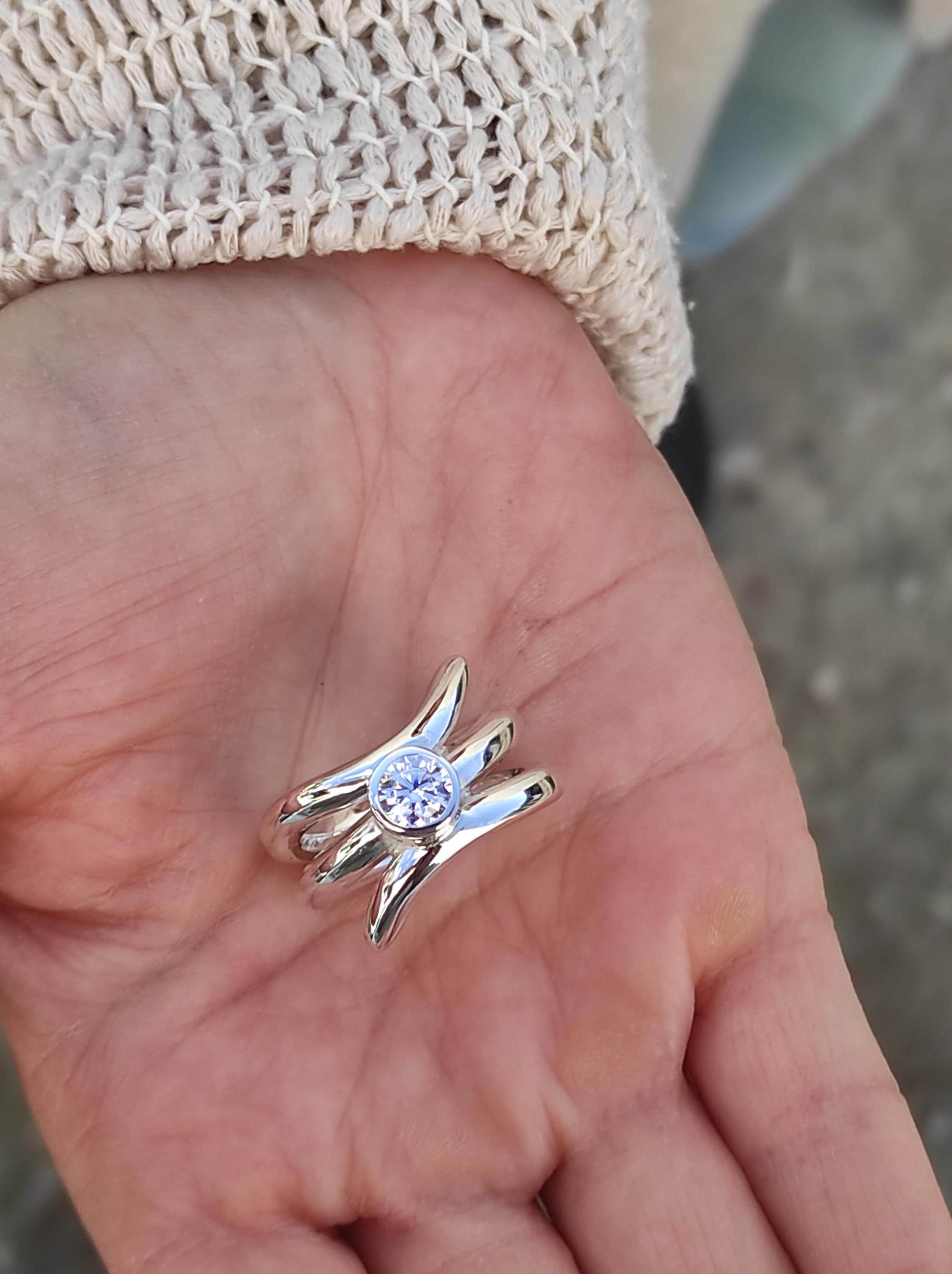 Proposal Ring: Engagement Ring Silver, Asymmetric multiple band Solitaire