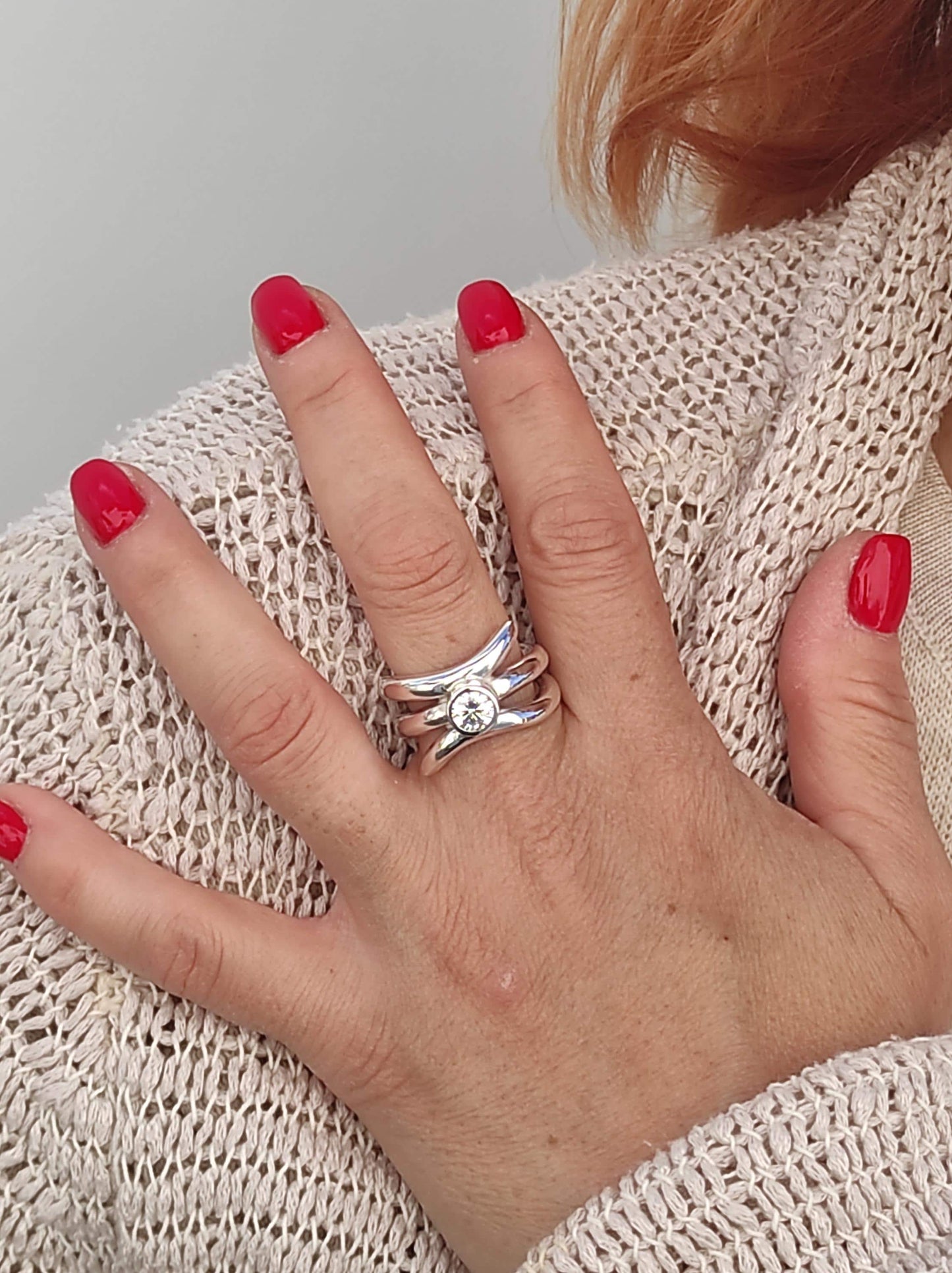 Proposal Ring: Engagement Ring Silver, Asymmetric multiple band Solitaire