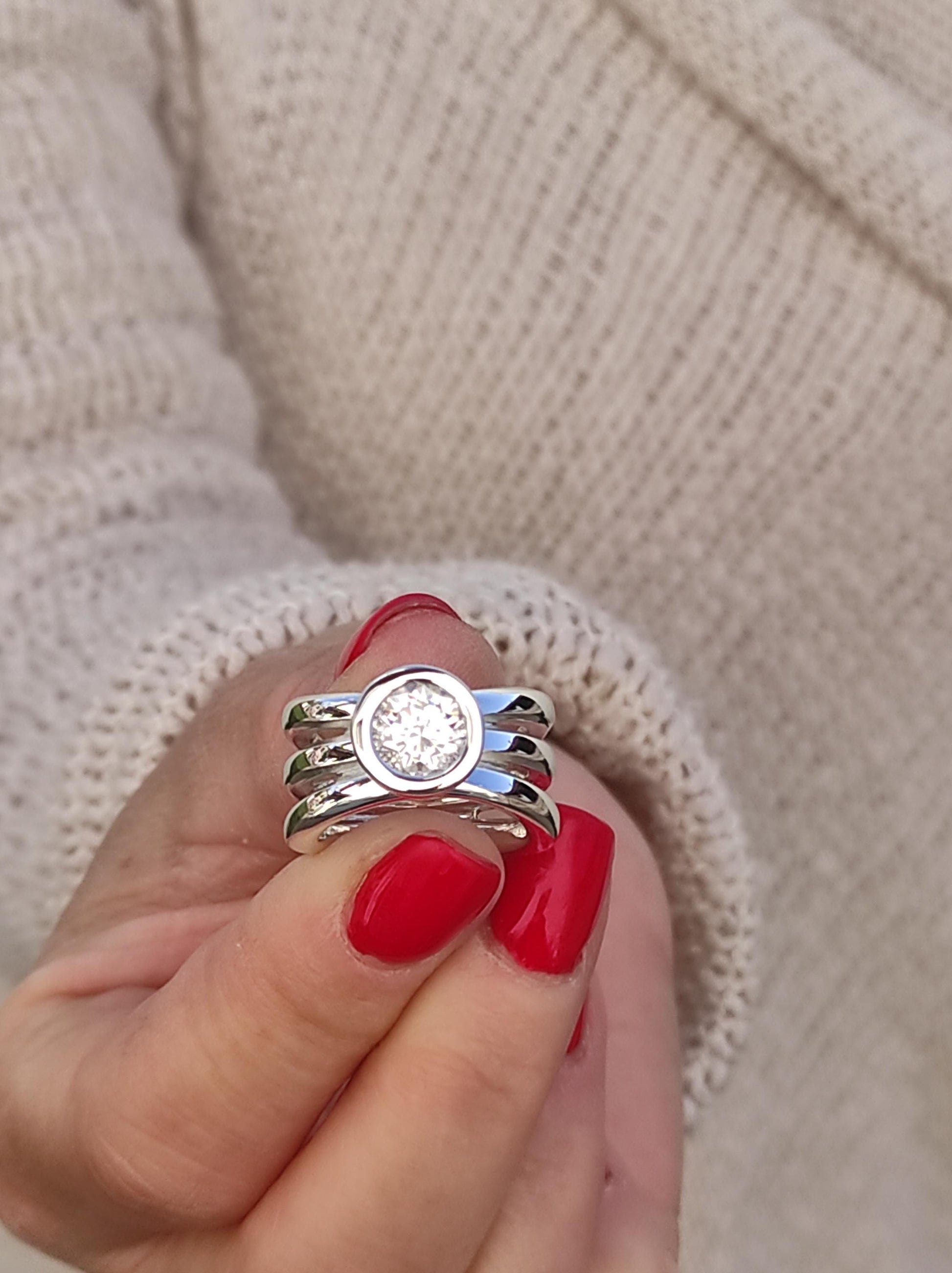 Engagement Ring: Proposal Ring With Moissanite, AG950 Silver Triple Band