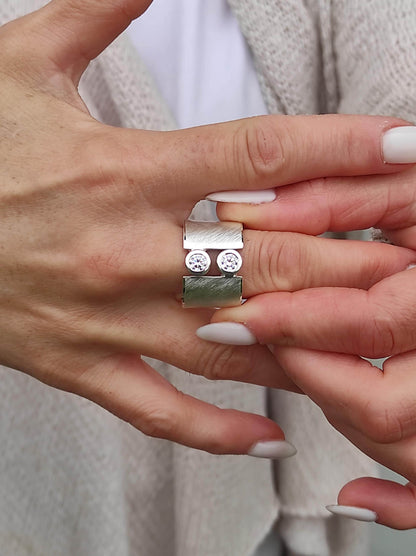 Wide Band Ag950 Silver Ring: Gold Plated Two Stone Statement Ring