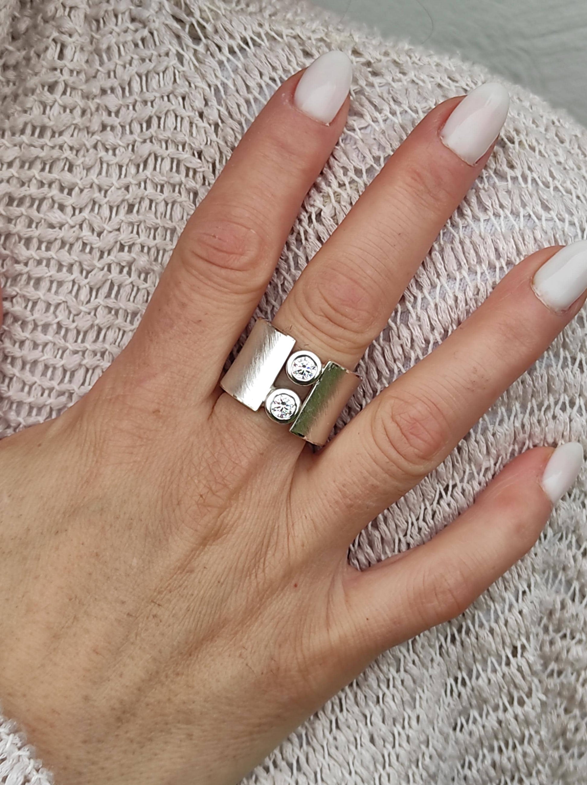 Wide Band Ag950 Silver Ring: Gold Plated Two Stone Statement Ring