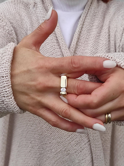 Moissanite Engagement Ring: 1Ct Square Band Tension Set, Gold Tone, Gold alternative